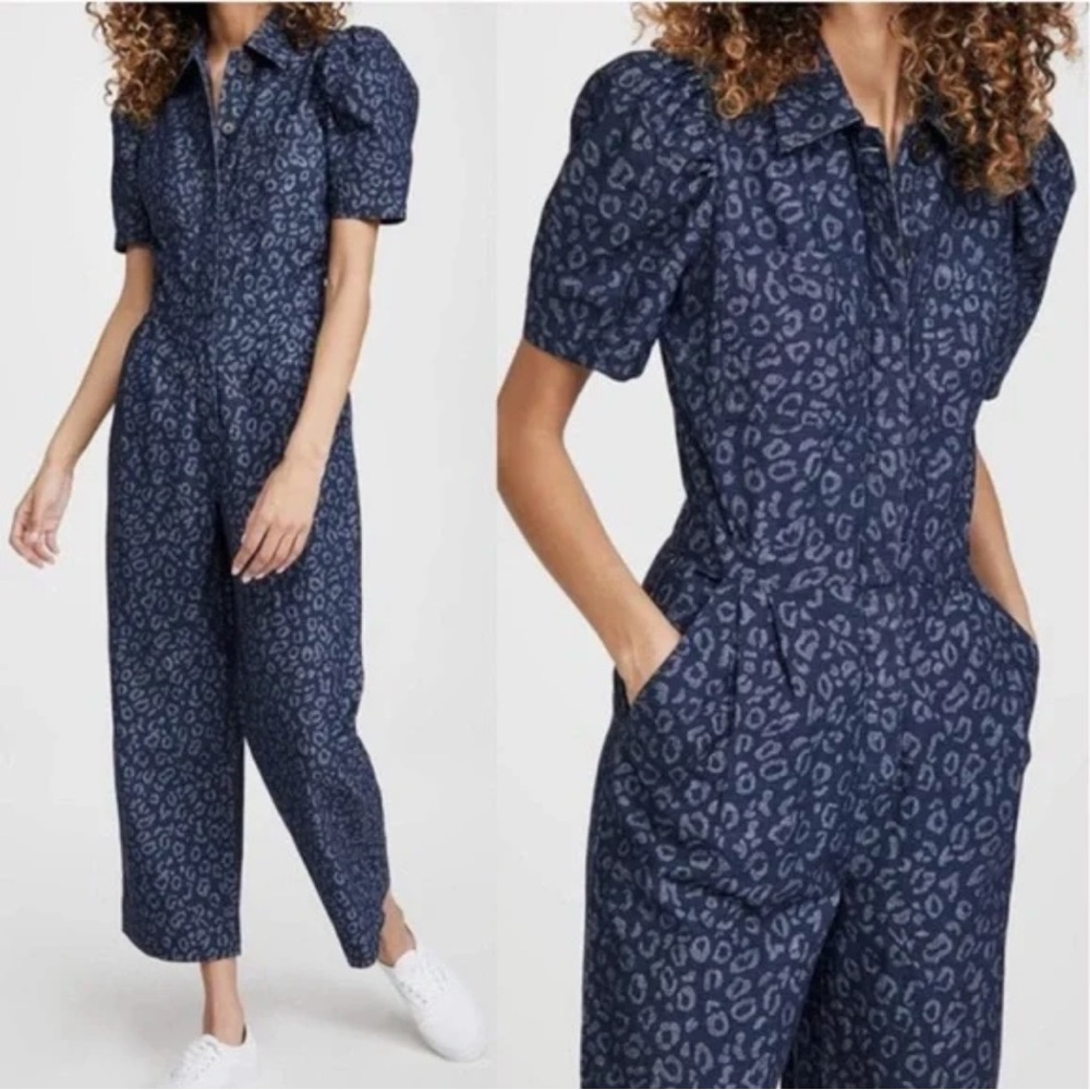 Joie Morgen Denim Leopard Blue Puff Short Sleeve Pleated Front Jumpsuit Size 4
